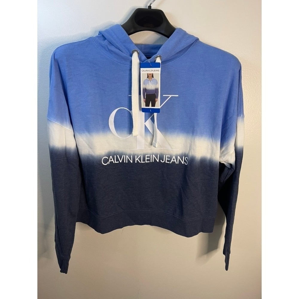 Calvin Klein Jeans Womens Ombre Dip Dye Logo Hoodie Blue White Large NEW